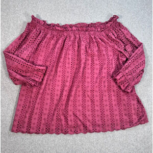 Lane Bryant Off-Shoulder Eyelet Peasant Top Plus Size 22/24 Rose/Wine 3/4 Sleeve